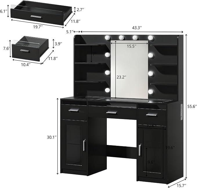 HUAHUU Vanity Desk, Makeup Vanity Desk with Mirror and Lights 3 Colors, Transparent Top with 3 RGB Drawers, 6 Shelves, 2 Large Tempered Cabinets, Power Outlet, for Bedroom, Black