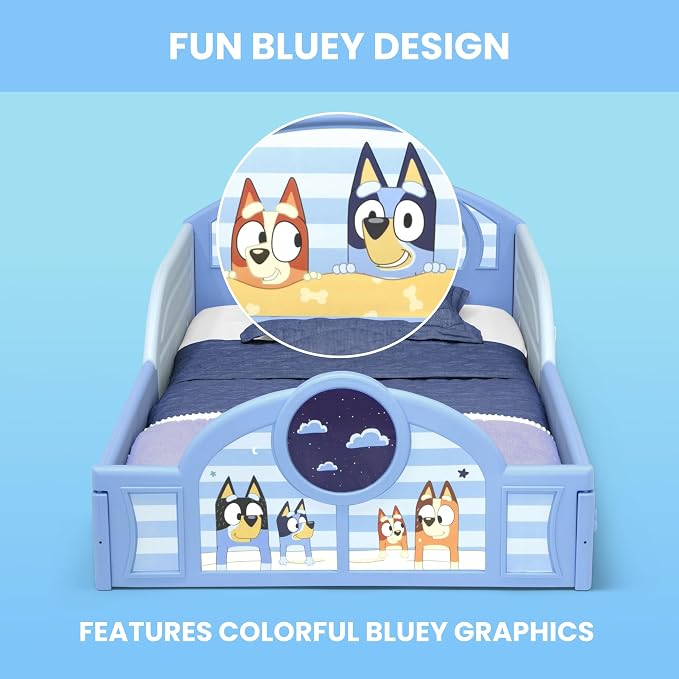 Delta Children - Bluey 4-Piece Toddler Room-in-a-Box Set – Includes Sleep and Play Toddler Bed, Table, 1 Chair and Fabric Toy Box, Blue