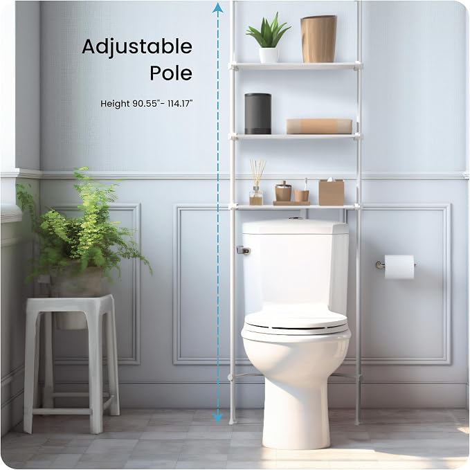 Home Zone Living Over-the-Toilet Organizer Bathroom Storage Organizer | Tension-Mounted Design with Adjustable 4-Tier Shelves, for Ceilings 91" to 114" High, White