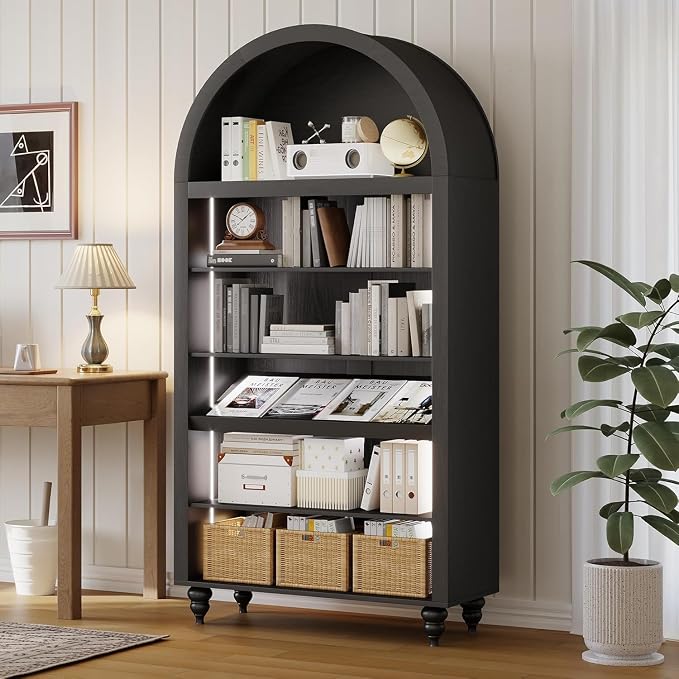 71" Tall Arch Bookcase, Modern Arched Storage Cabinet with Sensor LED Lights, 6-Tier Bookshelf with 2 Adjustable Shelves, Wood Display Cabinet for Living Room, Home Office (Black)