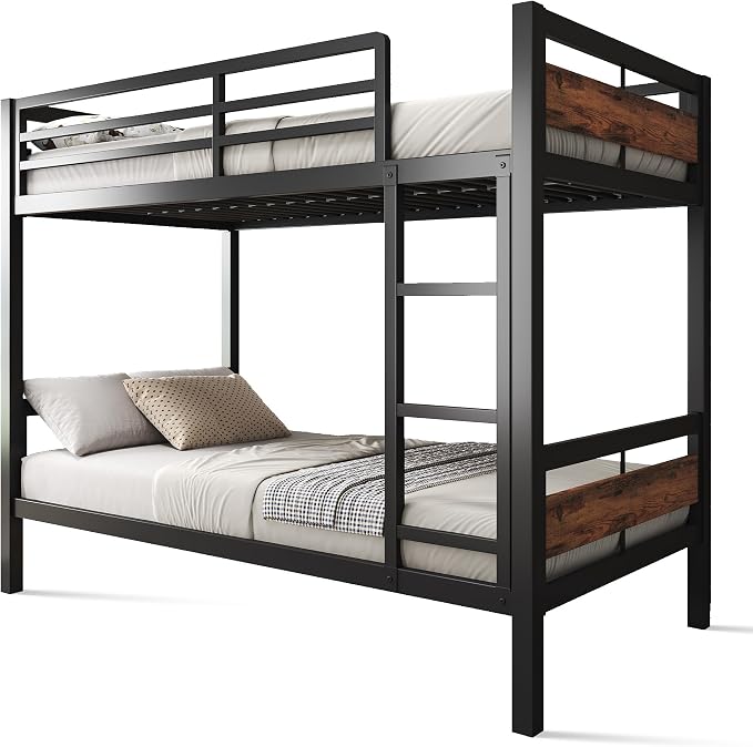 Feonase Metal Bunk Bed Twin Over Twin with Ladder and High Guardrail, Heavy-Duty Metal Slats Support, Noise Free, No Box Spring Needed, for Kids and Juniors, Vintage