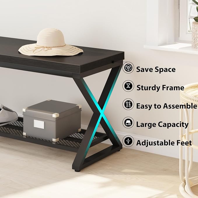 LVB Black Oak Bench, Industrial Entryway Bench with Storage, 47 Inch