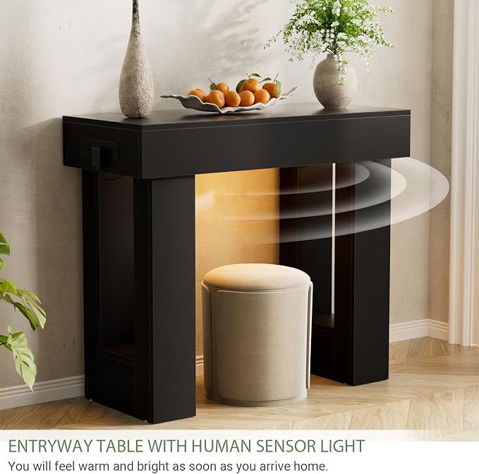 Unikito 39" Entry Table with Sensor Light and Power Outlets, Black