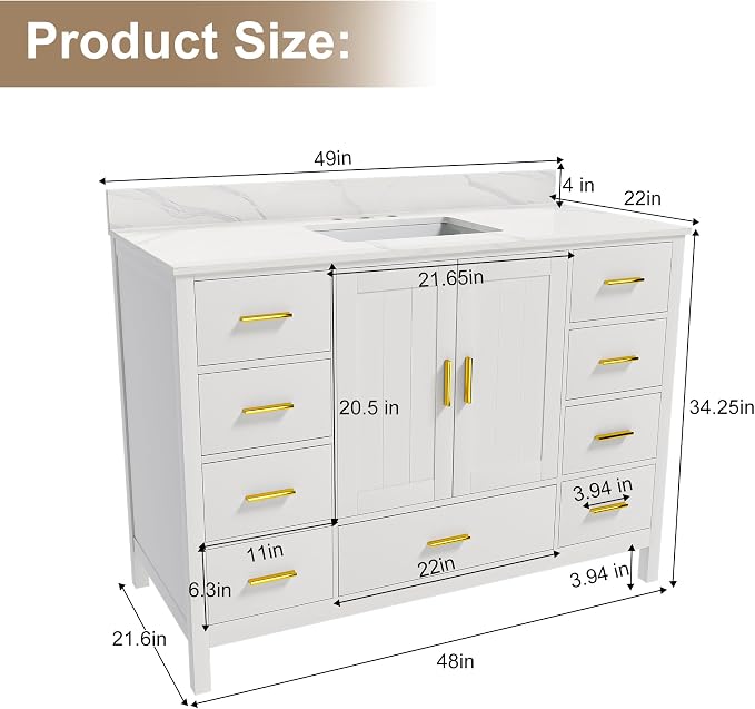 Montary 48" Bathroom Vanity with Sink & 49" Carrara Quartz Top | with 3 Pre-Drilled Faucet Holes, Solid Wood Cabinet, Soft-Close Double Doors & 9 Smooth-Glide Drawers,White