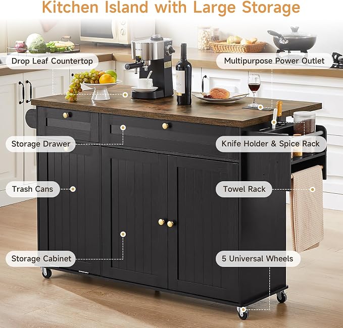 ONBRILL 60" Kitchen Island with Trash Can Storage, Black+Rustic Brown