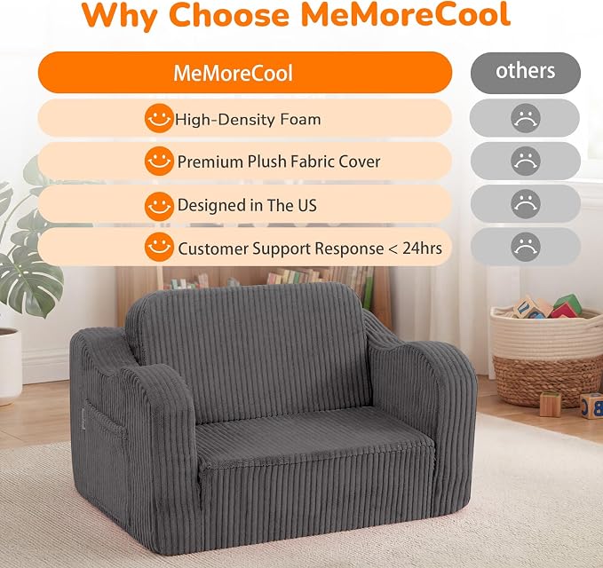MeMoreCool Kids Chair, 2-in-1 Corduroy Fold Out Sofa, Foam Seat, Dark Grey