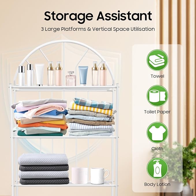 3-Tier Over The Toilet Storage Rack, Space Saver Metal Bathroom Shelves, Freestanding Over Toilet Bathroom Organizer for Bathroom/Living Room (White)