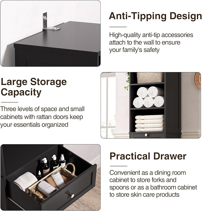 Tall Narrow Rattan Bathroom Storage Cabinet with Doors and Drawers, Black | Freestanding Skinny Tower Linen Cabinet, Rattan Door, Rattan Drawer, Adjustable Shelves, Open Storage, for Kitchen, Bathroom