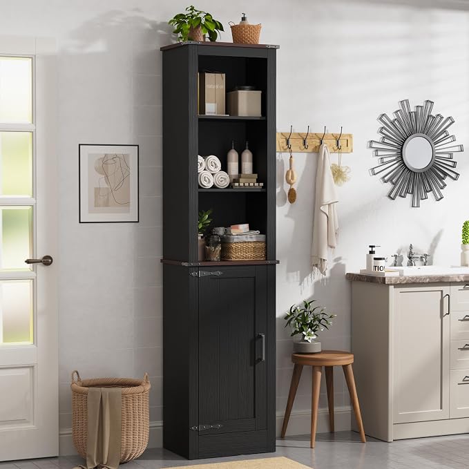 MHOM 71" Tall Bathroom Storage Cabinet. Farmhouse Storage Cabinet with Adjustable Shelves, Narrow Linen Tower Cabinet for Bathroom, Laundry, and, Living Room, Black