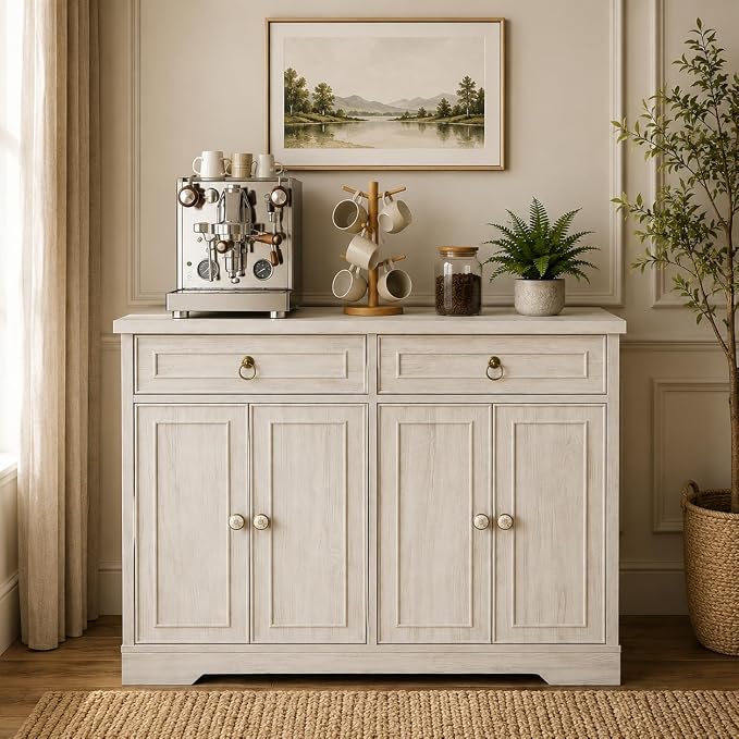 43.3" Sideboard Buffet Cabinet, 4-Door Coffee Bar, Vintage White