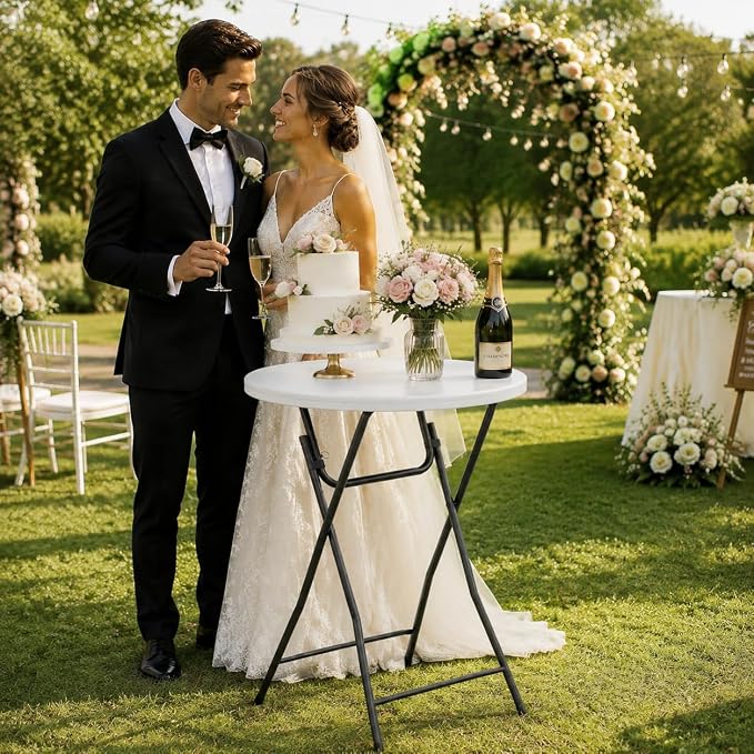 Folding Height Cocktail Table with Metal Legs 32'' Round Top for Small Spaces Bar Wedding Party Indoor Outdoor Use, White