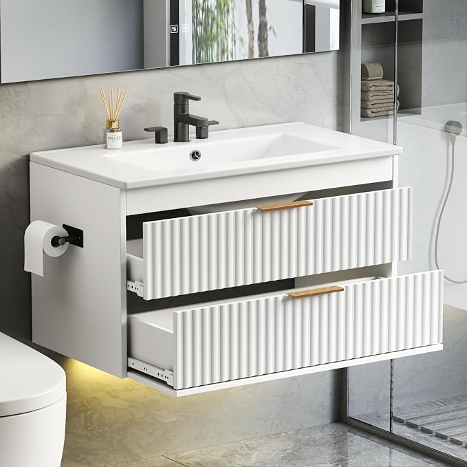 30 Inch Floating Bathroom Vanity with Sink & Towel Holder, Fluted Wall Mounted Vanity Cabinet, Modern Bathroom Combo with LED Light, Metal Handle & Double Soft-Closing Drawers, White