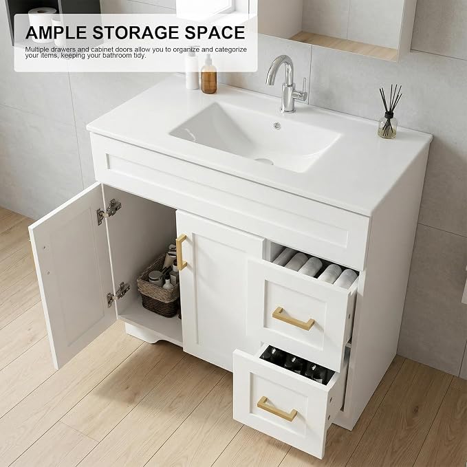 36 Inch Bathroom Vanity with Sink, Modern Wood Shaker Bathroom Vanity Cabinet with 2 Soft-Close Doors & 2 Drawers, Freestanding Bathroom Sink Storage Cabinet, Waterproof Painted Surface, White