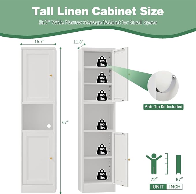 Bevivog Tall Slim Pantry Cabinet for Small Space, 67" Metal Narrow Storage Cabinets with Hutch and 3 Adjustable Shelves, Freestanding Tall Slim Bathroom Storage Cabinet, 15.7" Skinny Pantry Cabinets
