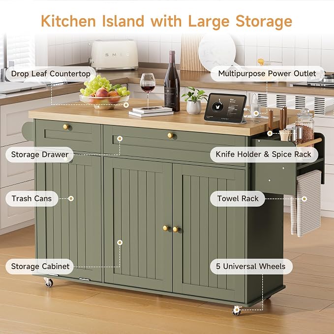 ONBRILL 60" Kitchen Island with Trash Can Storage, Green