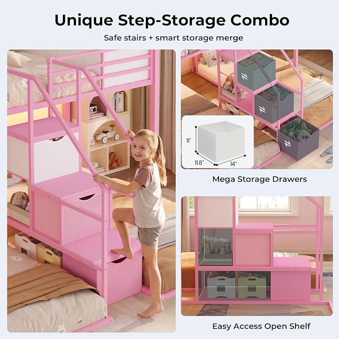 ADORNEVE Triple Bunk Bed Twin Over Twin with Storage Staircase, Pink