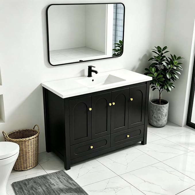 LUMISOL 48" Bathroom Vanity with Sink, Modern Single Bathroom Vanity with 4 Soft-Closing Doors & 2 Drawers, 48" Bathroom Storage Cabinet with Resin Basin, Black