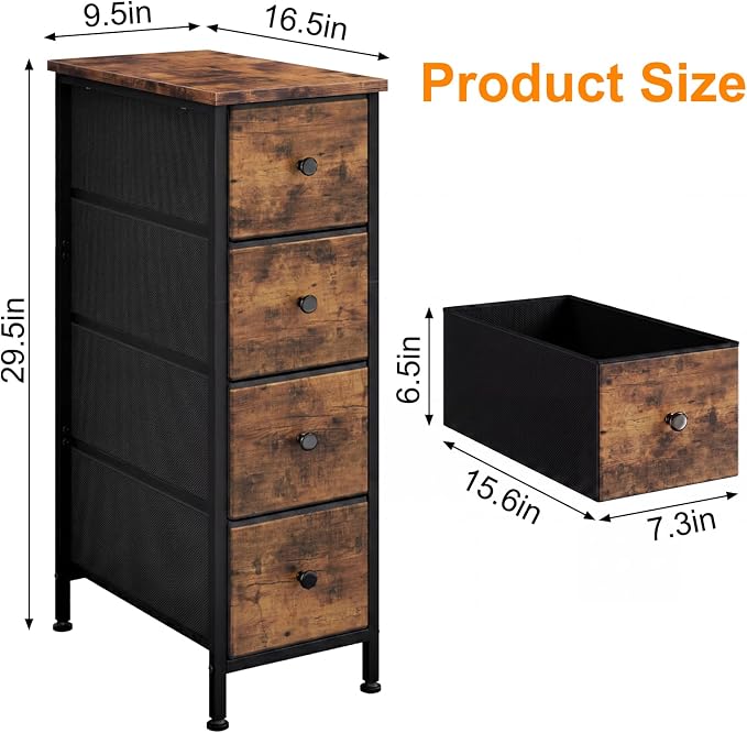 Fixwal Narrow Storage Cabinet, Slim Dresser with 4 Drawers, Rustic Brown | 9.5in width, sturdy & stable structure, solid steel frame, wooden top, suitable for bedroom, bathroom & laundry room