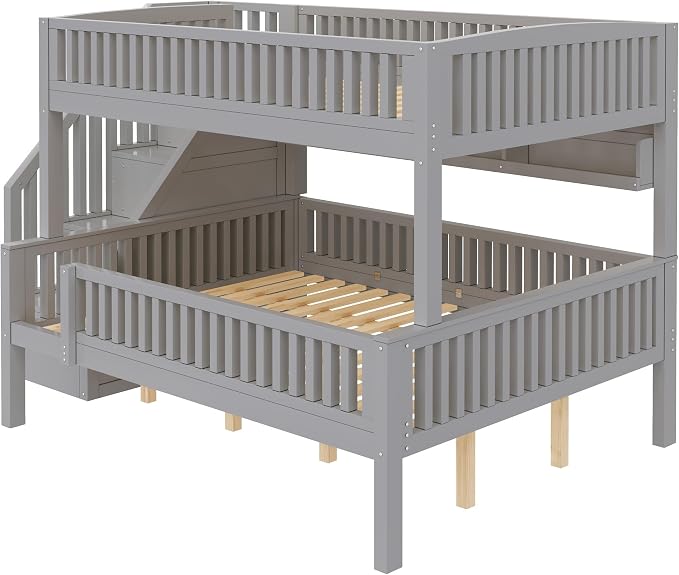 LUMISOL Full XL Over Queen Bunk Bed with Stairs, Solid Wood Bunk Bed Frame with LED Light and Bookshelf, Gray