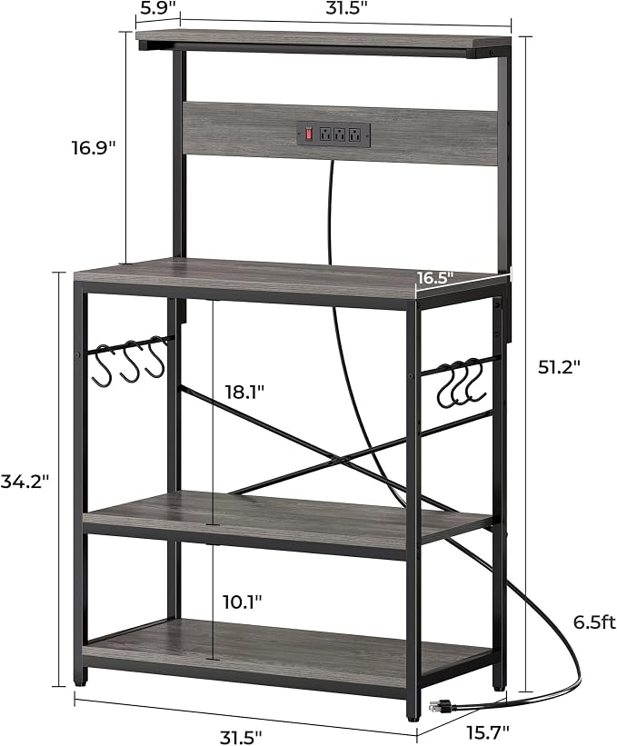 SUPERJARE Bakers Rack with Power Outlets, Microwave Stand, 31.5 X 16.5 Inch Larger Desktop, Kitchen Storage Rack with Adjustable Middle Shelf, 6 S-Shaped Hooks, Coffee Bar Stand, Grey
