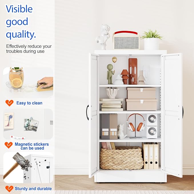 GAIOUS 43.3'' Tall Kitchen Pantry Cabinet, White Metal Storage Cabinet | with 2 Doors and 3 Adjustable Shelves, Steel Freestanding Cupboard, 4 Tier Bookcase for Dining Home Office Bathroom Bedroom