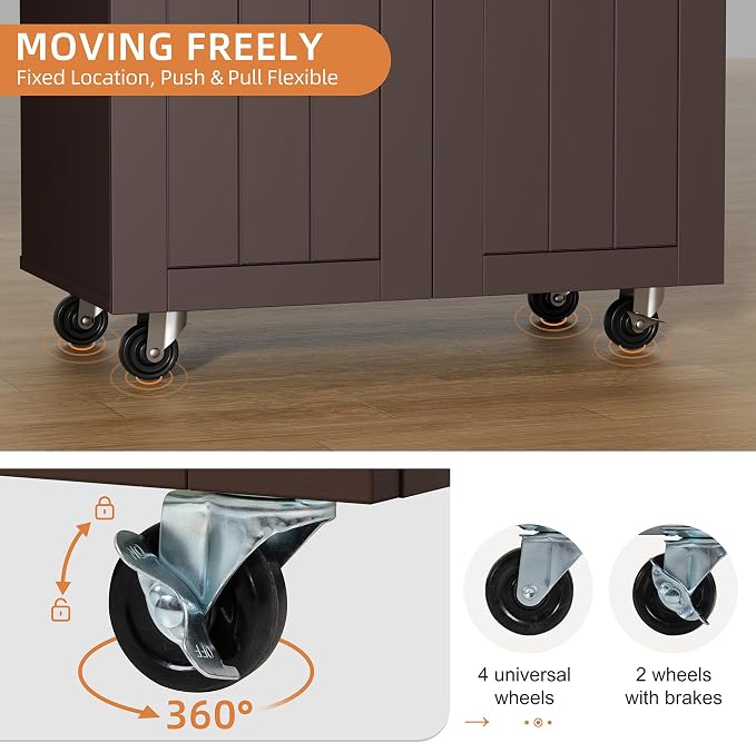 Shintenchi Kitchen Island cart with Storage, Portable Bar Cabinet on Wheels, Rolling Microwave Cart Side Table with Workstation for Kitchen, Dinning Room, Brown