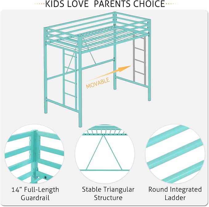 SHA CERLIN Loft Bed Twin Size with Ladder and Guardrail,Aqua Blue