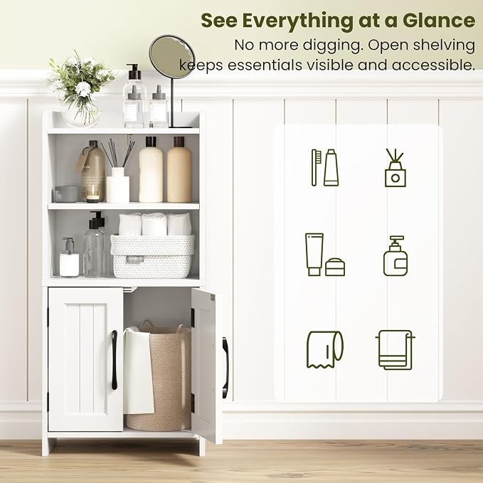 Small Bathroom Storage Cabinet with 2 Doors & Shelf, Line White | Narrow Storage Organizer, Toilet Paper Floor Cabinets Freestanding, for Small Spaces, Laundry Room, 7.8" D x 14.6" W x 31" H