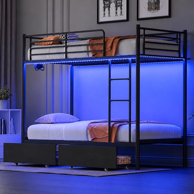 Bonnlo Metal Bunk Bed Frame Twin Over Twin with 2 Drawers, LED Lights, Safety Guardrail & Ladder, Charging Station, for Kids, Teens & Adults, Space-Saving, No Box Spring Needed, Black