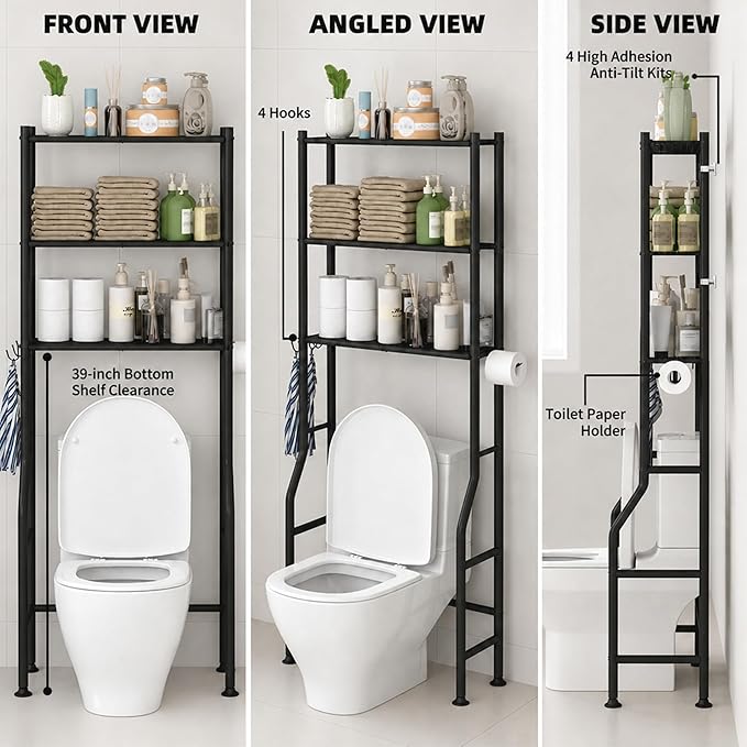GloTika 3-Tier Over Toilet Storage, Anti-Tilt, 64" H, Black | Anti-Tilt Safety System, 150lb Capacity, Carbon Steel, Freestanding, No Drilling, Anti-Rust Coating, Paper Holder & 4 Hooks