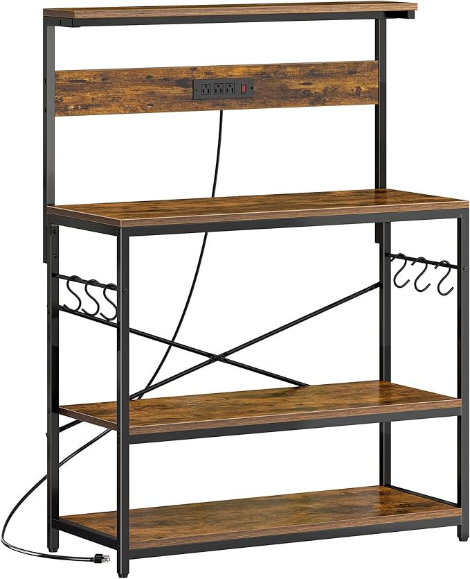 SUPERJARE Bakers Rack with Power Outlets, Microwave Stand, 39.4 X 14.3 Inch Larger Desktop, Kitchen Storage Rack with Adjustable Middle Shelf, 6 S-Shaped Hooks, Coffee Bar Stand, Rustic Brown