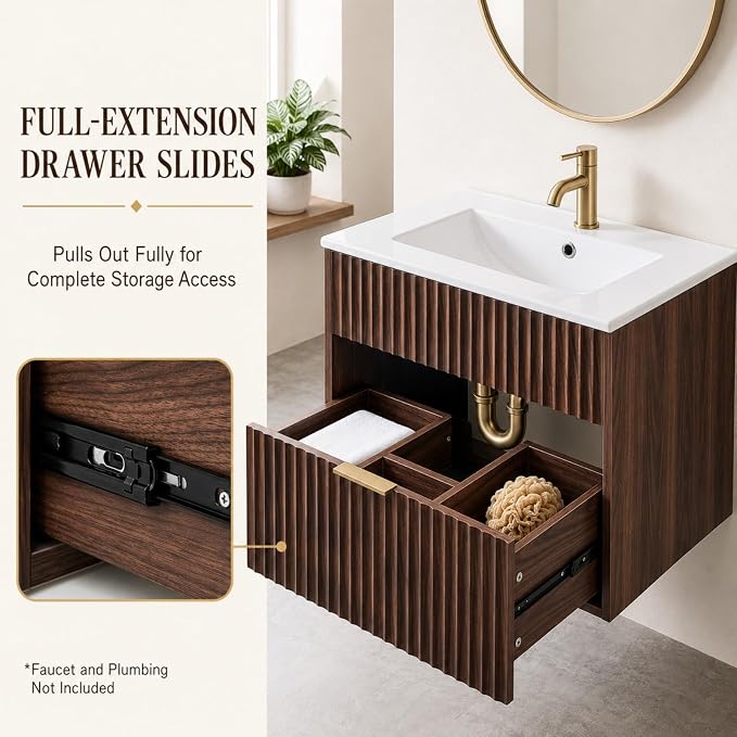 VINGLI 24 Inch Floating Bathroom Vanity with Sink, Wall-Mounted Dark Walnut Cabinet with Fluted Drawer, Divided Storage, Gold-Tone Handle and Ceramic Sink