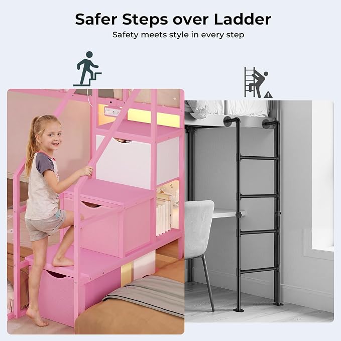 ADORNEVE Triple Bunk Bed Twin Over Twin with Storage Staircase, Pink