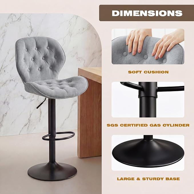 GRUSIGN Bar Stools Set of 2, Modern Swivel Adjustable Bar Chairs, Chenille Fabric Upholstered Counter Height Bar Stools with Backrest, Comfort Barstools for Kitchen Island, Home Bar, Grey