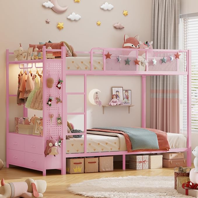 Itaar Metal Bunk Bed Twin Over Twin with Hall Tree, Power Outlet, LED Bunk Bed with 4 Storage Drawers, Bed with 13‘’ Safety Guardrail & Ladders for Kids and Teen, 400lb Weight Capacity, Pink
