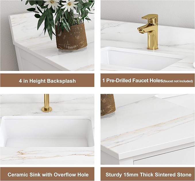 Montary 42" Bathroom Vanity with Sink & 43" Carrara Sintered Stone Top | with 1 Pre-Drilled Faucet Holes, Solid Wood Cabinet, Soft-Close Double Doors & 9 Smooth-Glide Drawers,White