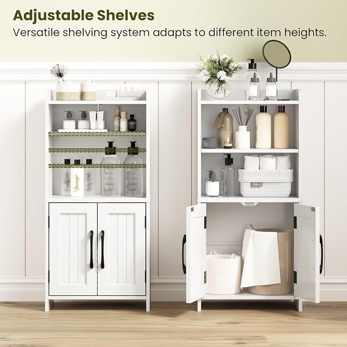 Small Bathroom Storage Cabinet with 2 Doors & Shelf, Line White | Narrow Storage Organizer, Toilet Paper Floor Cabinets Freestanding, for Small Spaces, Laundry Room, 7.8" D x 14.6" W x 31" H