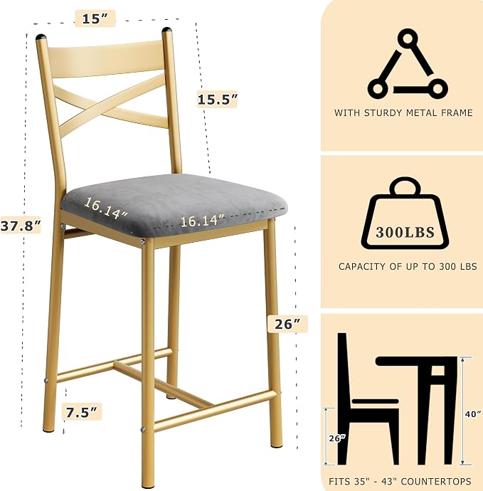 Garvee 26'' Bar Stools Set of 2, Counter Stools with Back & Thick Cushion