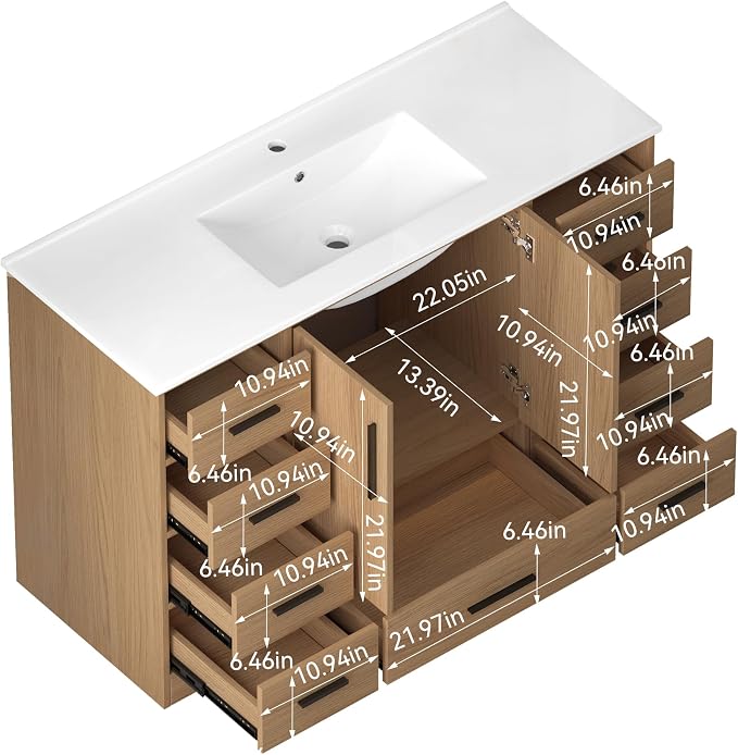 LUMISOL 48 Inch Bathroom Vanity with Sink, Freestanding Bathroom Vanity with 9 Storage Drawers and 2 Soft-Closing Doors, Wood 48" Bathroom Vanities with Resin Sink, Light Oak
