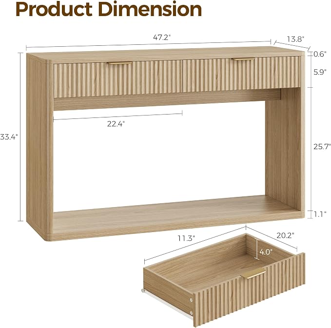 IRONCK 47" Fluted Console Table for Entryway with 2 Large Drawers, Oak