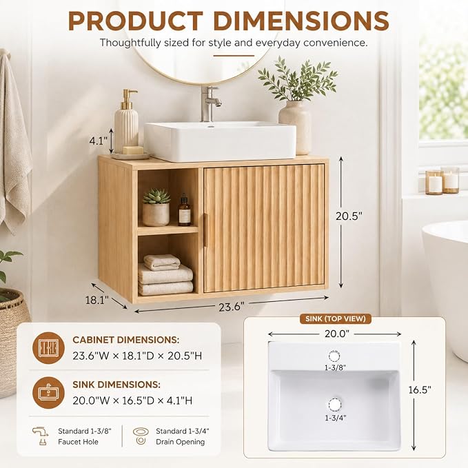 VINGLI 24 Inch Floating Bathroom Vanity with Vessel Sink, Wall-Mounted Natural Oak Cabinet with Adjustable Open Shelf, Fluted Soft-Close Door and Plumbing Cutout