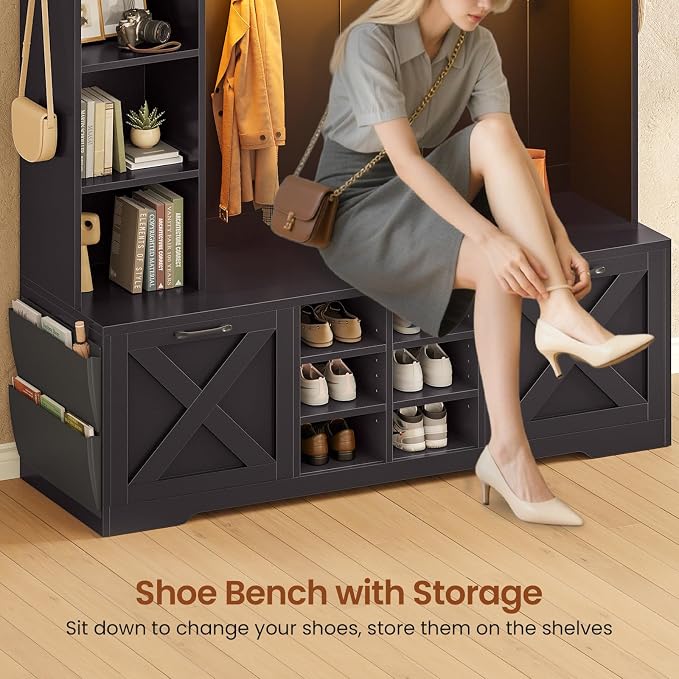Itaar Hall Tree with Bench and Shoe Storage, 59.1" Farmhouse Entryway Bench with Coat Rack, Shoe Cabinet with Flip Drawers, 12 Shelves, 9 Coat Hooks, Storage Bag, Led Lights, Black