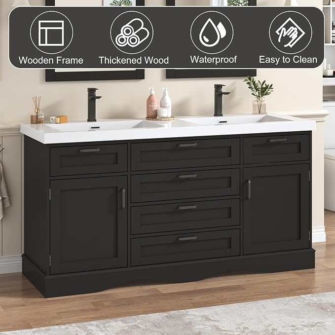 59" Bathroom Vanities Cabinet with Double Sink Combo,Modern Undermount Vanity Sink Cabinet with 2 Storage Doors and 3 Drawers,High Freestanding Bathroom Storage Cabinet with 3 Flip-top Drawers(Black)