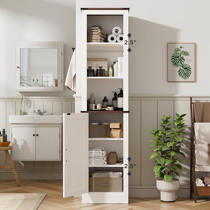 MHOM 71" Tall Bathroom Storage Cabinet, Farmhouse Storage Cabinet with Adjustable Shelves, Narrow Linen Tower Cabinet for Bathroom, Laundry, and, Living Room, White
