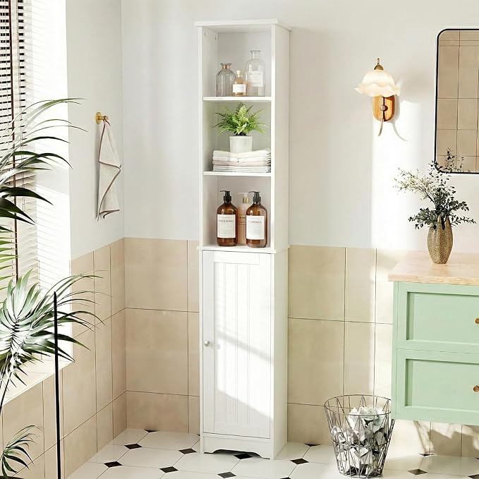 Bonnlo Narrow Cabinet, 67" Tall Slim Bathroom Storage Cabinet 12" Wide White Skinny Linen Cabinet with 3 Open Shelves Single Door Adjustable Shelf Space Saving Corner Pantry