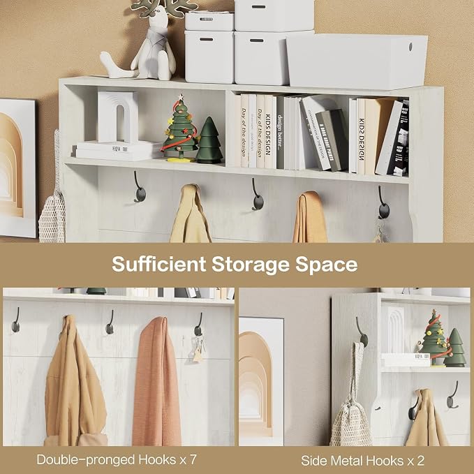 71“ White Hall Tree with Bench and Shoe Storage, 6 Adjustable Shelves,