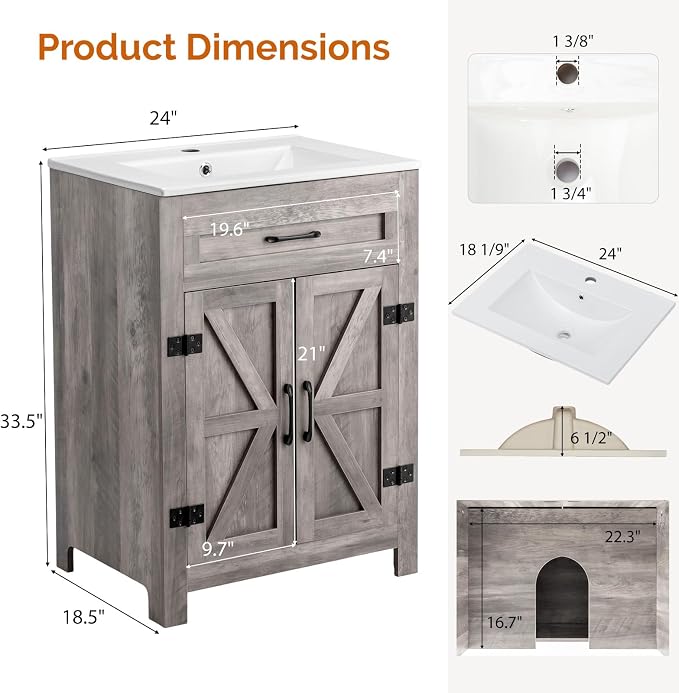 VINGLI 24" Farmhouse Bathroom Vanity with Sink, Undermount Vanity Sink Cabinet with Barn Door &Shelf,Free Standing Small Bathroom Storage Cabinet with Single Hole Ceramic Basin Combo Set,Washed Gray