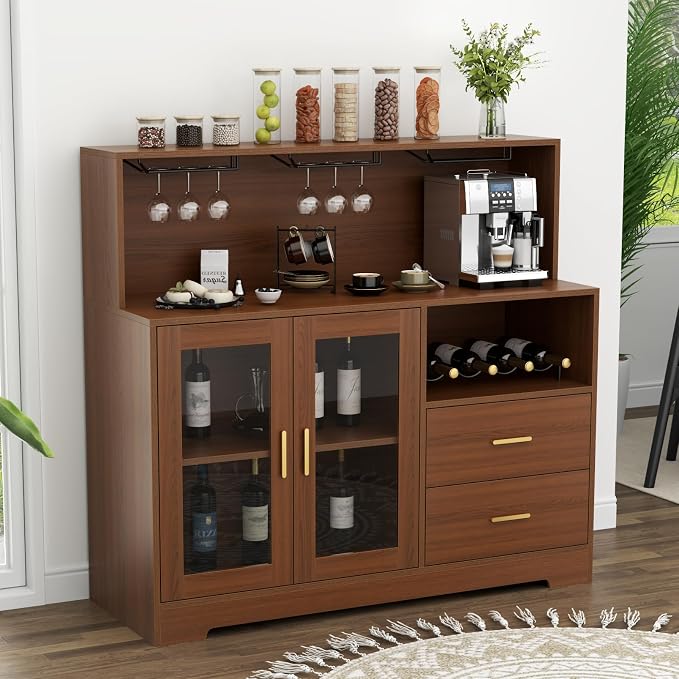 Bar Cabinet for Home with LED Light,Coffee Bar Cabinet w/ Wine & Glass Rack