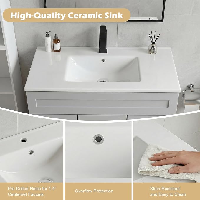 36 Inch Bathroom Vanity with Sink, Modern Wood Shaker Bathroom Vanity Cabinet with 2 Soft-Close Doors & 2 Drawers, Freestanding Bathroom Sink Storage Cabinet, Waterproof Painted Surface, Grey