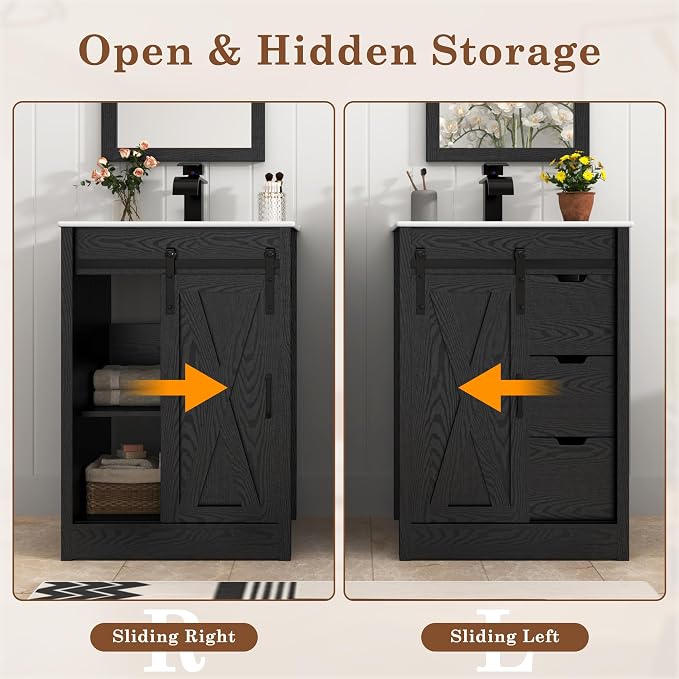 24" Farmhouse Bathroom Vanity with Sink & Faucet & Mirror, Wood Grain Black | Sliding Barn Door, 3 Handleless Drawers, Single Vanity Combo for Small Space